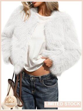 Womens Fluffy Faux Fur Cropped Coat Hidden Hooks Pockets Winter
